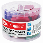 Зажимы для бумаг BRAUBERG, комплект 12 шт., 51 мм, на 230 л., цветные, в пластиковом цилиндре, 221131